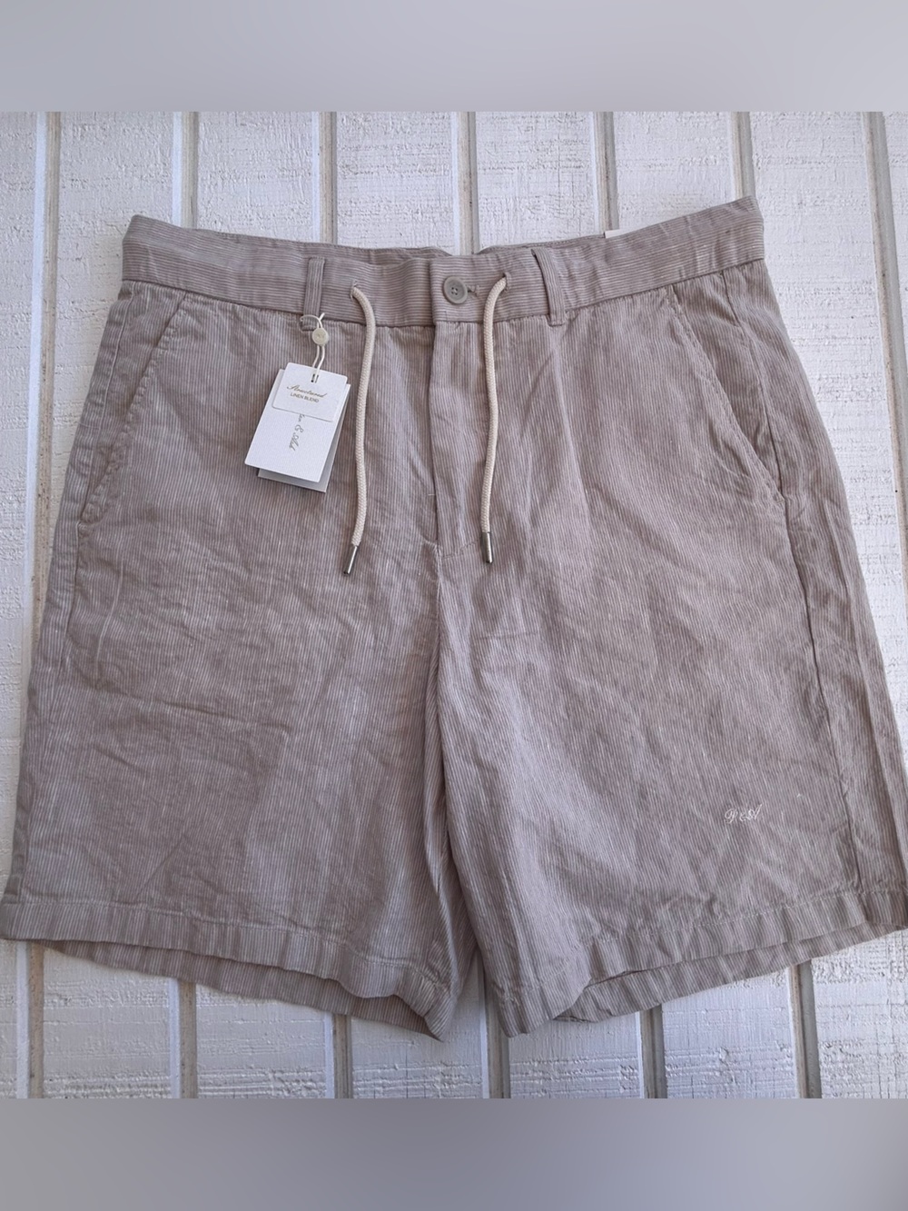 Porter & Ash Men’s Tan Linen-Blend Striped Shorts Lightweight Size XL